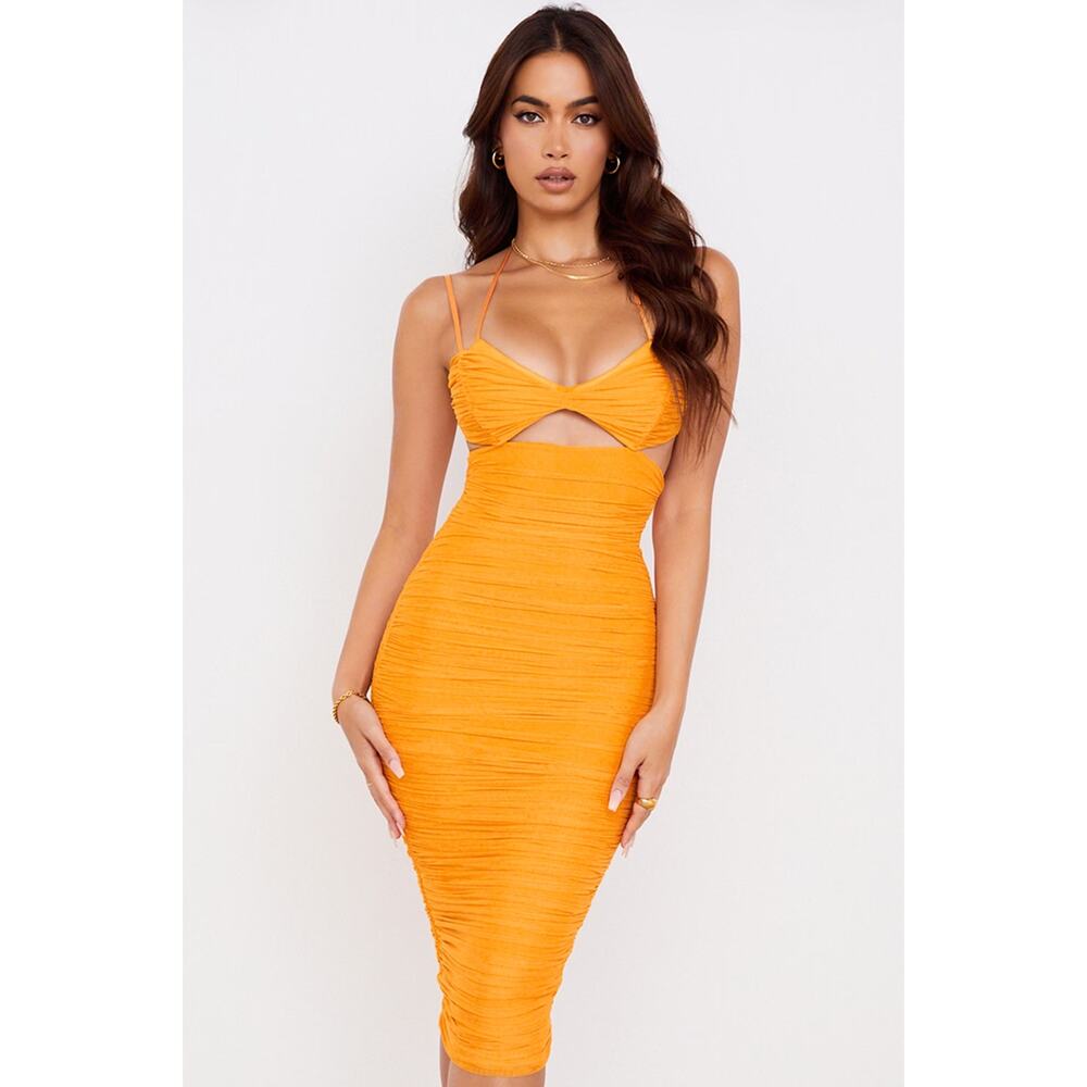 NWT House of CB Tangerine Orange Tibi Cutout Ruched Mesh Dress Size Medium